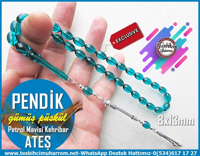 Mavi Ton TesbihlerTM12848Tespih Ateş Kehribar Petrol Mavisi Gümüş Püsküllü Pendik TesbihTespih Ateş Kehribar Petrol Mavisi Gümüş Püsküllü Pendik Tesbih
