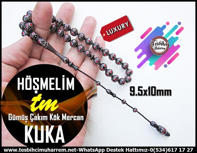 Kuka Ağacı TesbihlerTM13178Tespih Kuka I Gümüş Çakım Küre Kesim Siyah Höşmelim TesbihTespih Kuka Çeşm-i Selina Gümüş Çakma Gümüş Püskül Bezirgan Tesbih