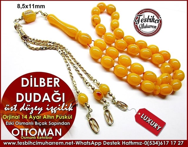 Üst Düzey İşçilik Altınlı Osmanlı Kehribar Tesbih Dilber Dudağı
