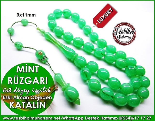 Üst Düzey İşçilik Eski Alman Objeden Yeşil Damarlı Katalin Tesbih Mint Rüzgarı