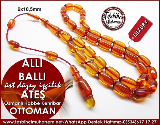 Üst Düzey İşçilik Habbeden Osmanlı Ateş Kehribar Tesbih Allı Ballı