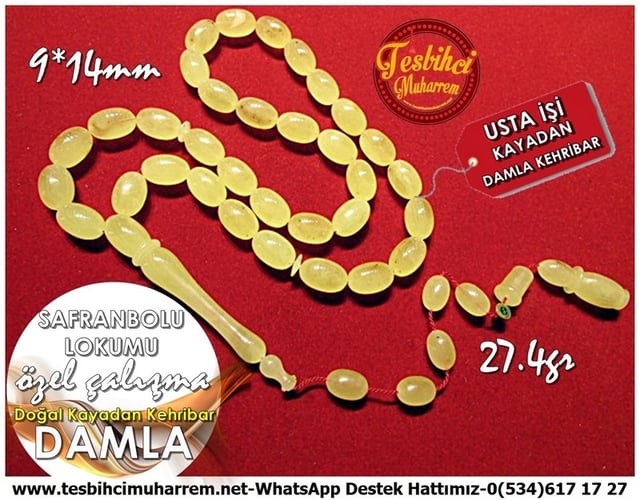 Üst Düzey İşçilik Özel Premium Çalışma Kayadan Doğal Damla Kehribar Tesbih Safranbolu Lokumu