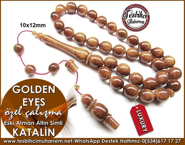 Üst Düzey İşçilik Özel Tasarım Eski Alman Altın Simli Katalin Tesbih Golden Eyes