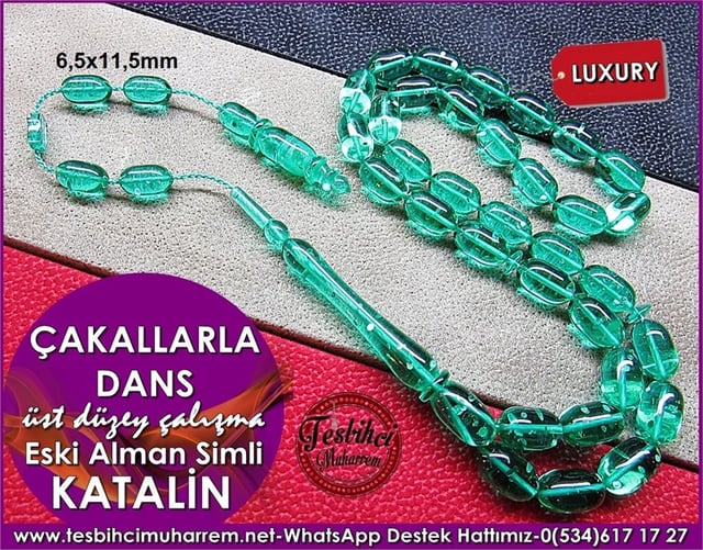 Üst Düzey İşçilik Simli Eski Alman Yeşil Katalin Tesbih Çakallarla Dans