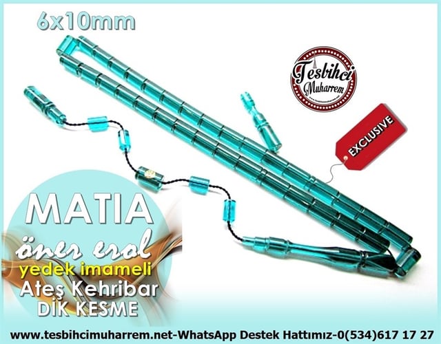Yedek İmameli Özel Dik Kesme Cam Göbeği Ateş Kehribar Tesbih Matia