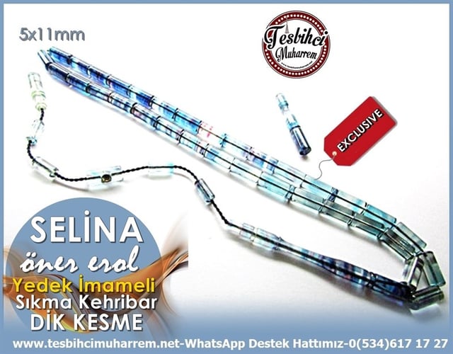 Yedek İmameli Özel Dik Kesme Renkli Sıkma Kehribar Tesbih Selina