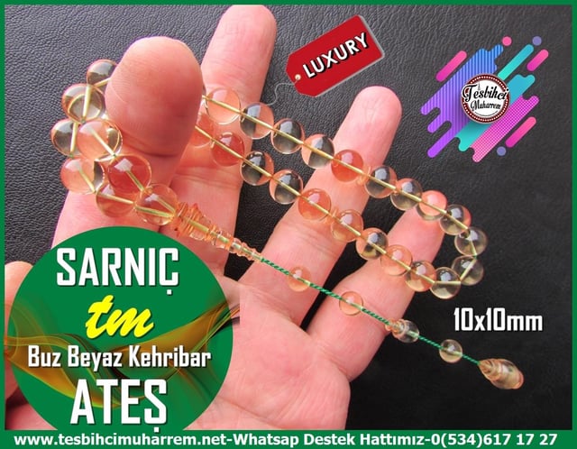 Su Damlası Ton TesbihlerTM13578Yusuf Balıbey Usta Tornası Tespih | Ateş Kehribar, Saydam Buz Beyaz, Özel Çalışma, 