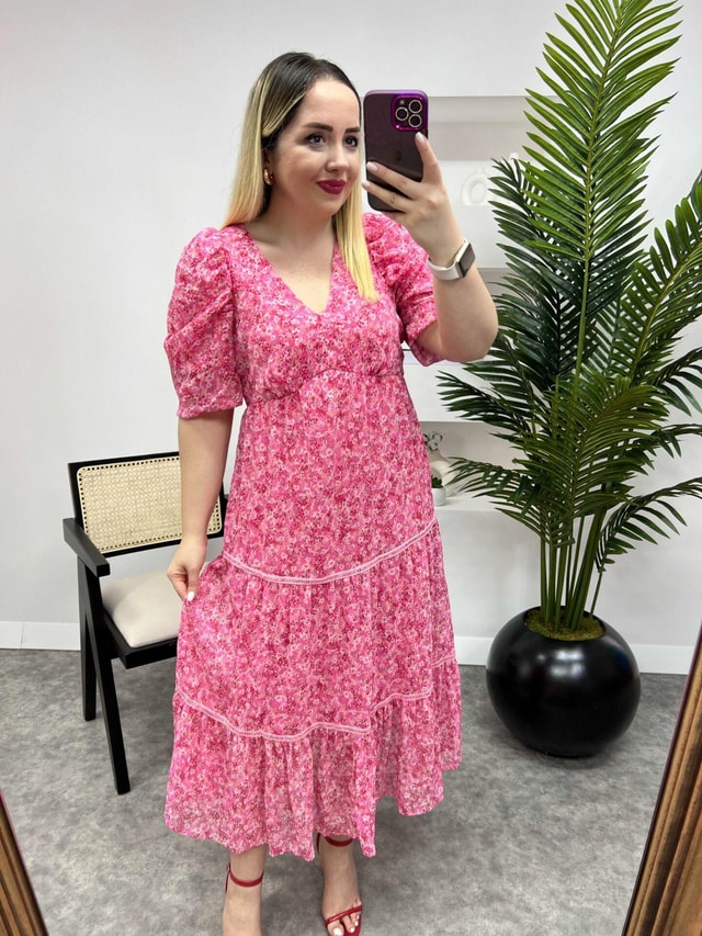 Ala Pembe Çiçekli Orj Marka Şifon Elbise