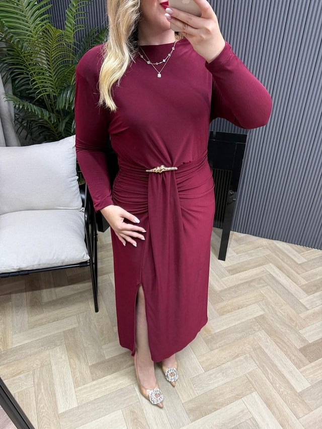 Almira Gold Detaylı Vatkalı Elbise Bordo