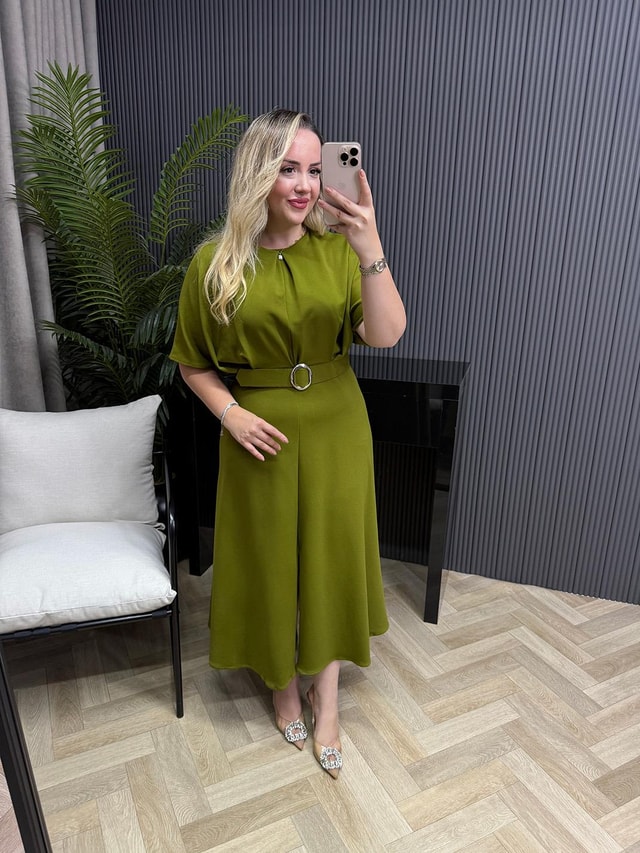Alya Gümüş Tokalı Tasarım Elbise Olive