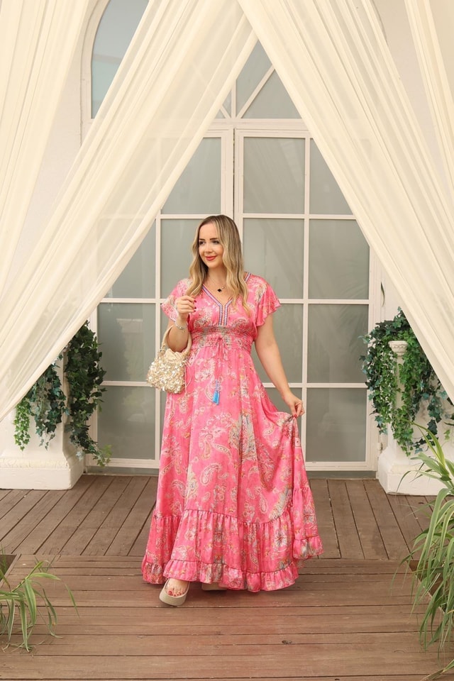 Angel İpek Saten İthal Beli Lastıklı Tasarım Elbise Pembe