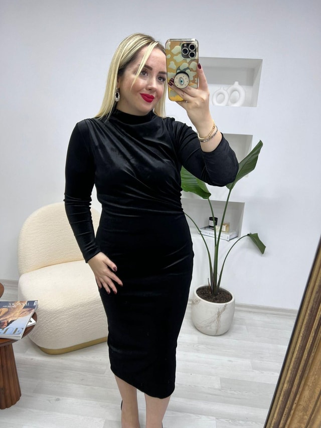 Angela Kadife Bel Drapeli Elbise Siyah