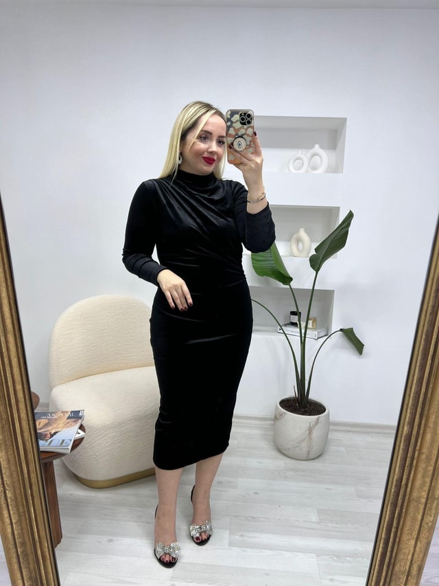Angela Kadife Bel Drapeli Elbise Siyah