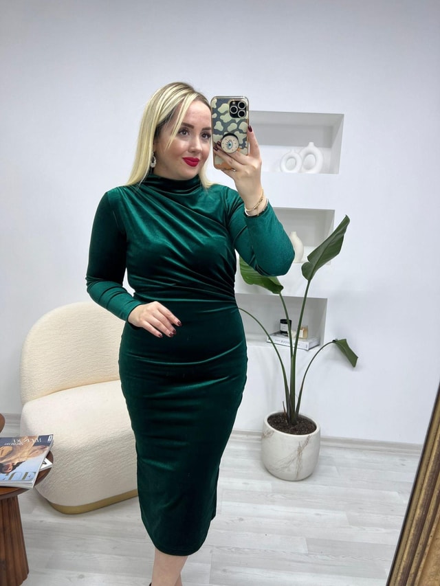 Angela Kadife Bel Drapeli Elbise Zümrüt