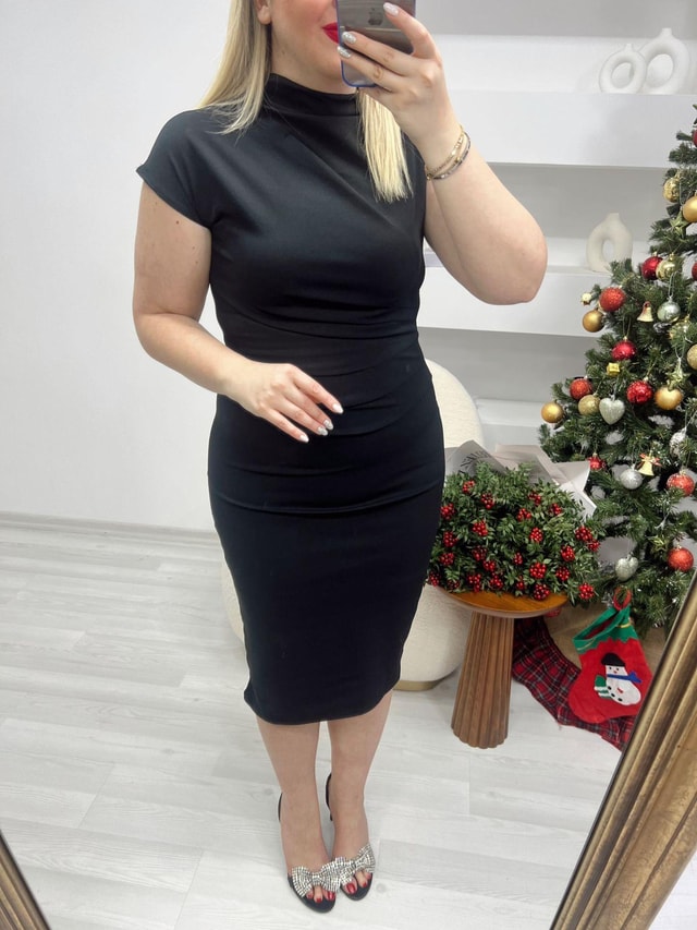 Balıkçı Yaka Drapeli Kalem Elbise Siyah