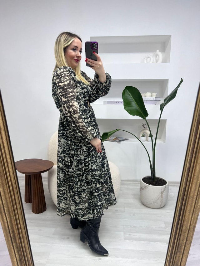 Balon Kol Siyah Desenli Şifon Elbise