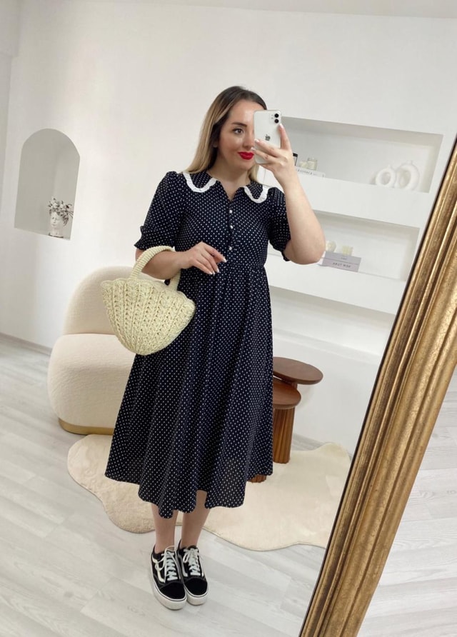 Bebe Yaka Vintage Elbise Siyah