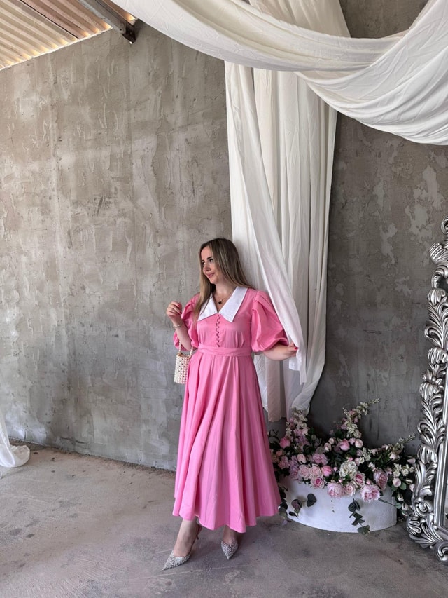 Begonvil Balon Kol Tasarım Elbise Pembe