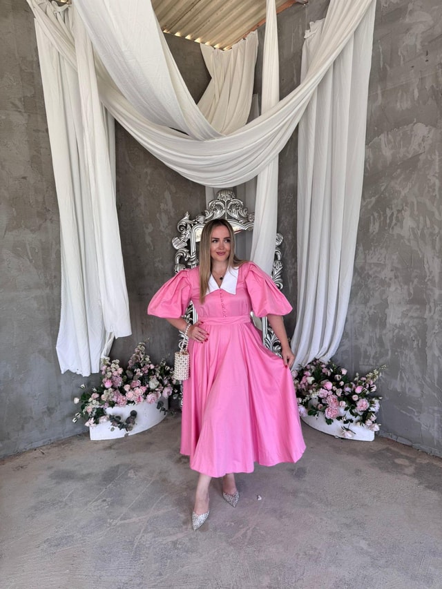 Begonvil Balon Kol Tasarım Elbise Pembe