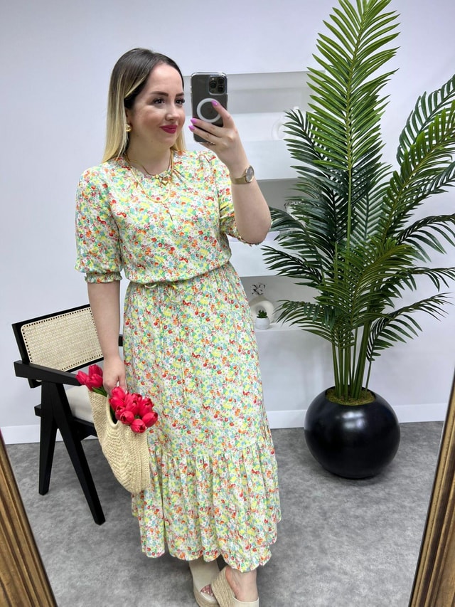 Beli Lastikli Çiçek Desen Rose Elbise