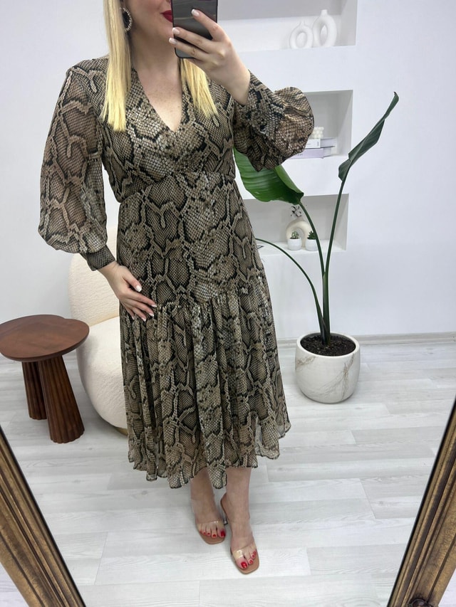 Beli Lastikli Orj Marka Desenli Elbise