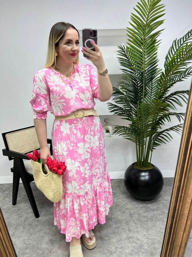 Beli Lastikli Pembe Desenli Rose Elbise