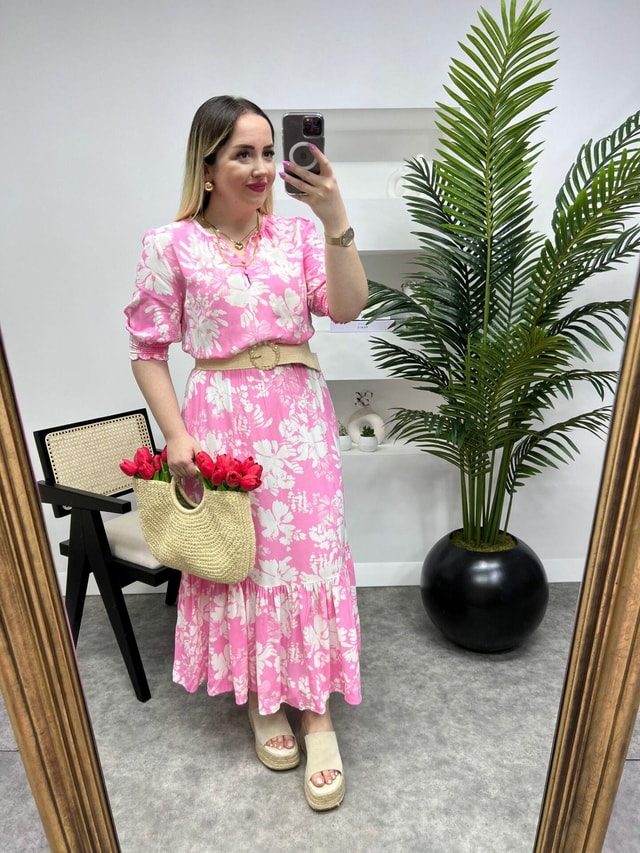 Beli Lastikli Pembe Desenli Rose Elbise
