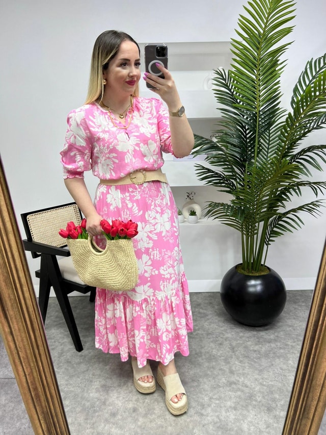 Beli Lastikli Pembe Desenli Rose Elbise