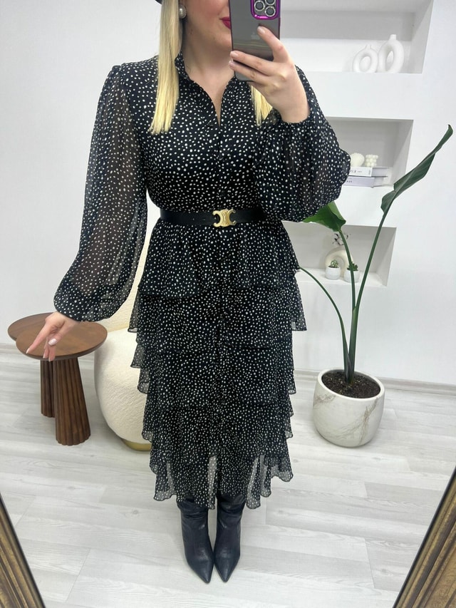 Beli Lastikli Puantiye Kat Kat Şifon Elbise
