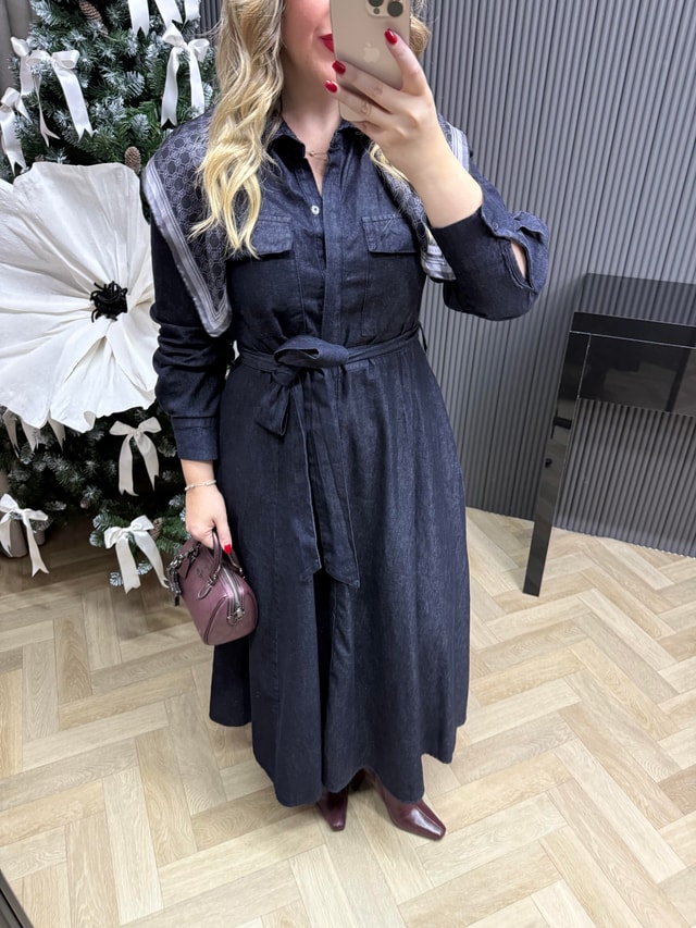 Bella Tasarım Belden Oturtmalı Denim Elbise