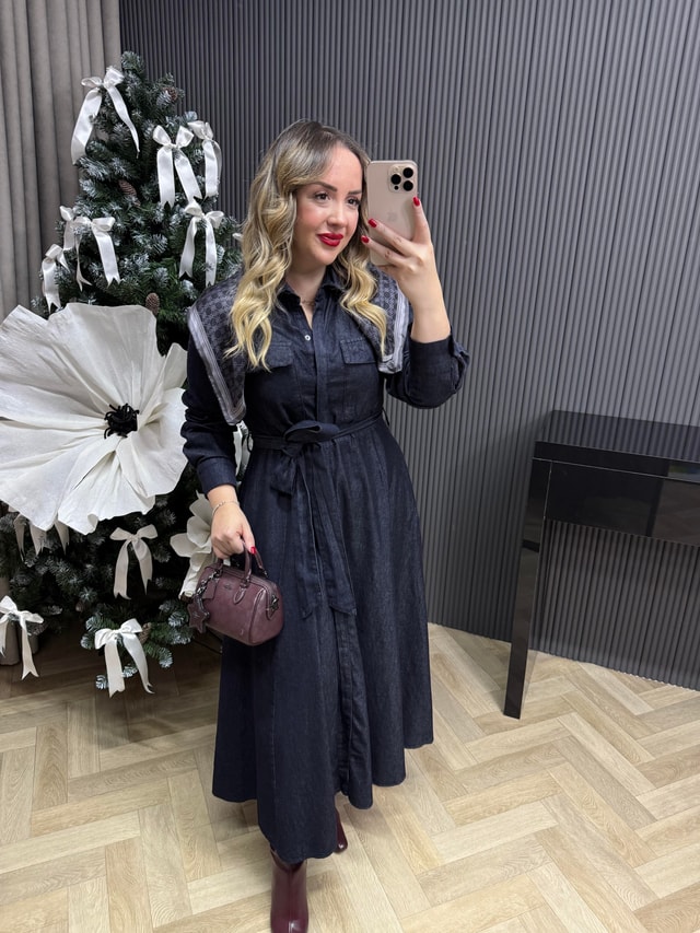 Bella Tasarım Belden Oturtmalı Denim Elbise