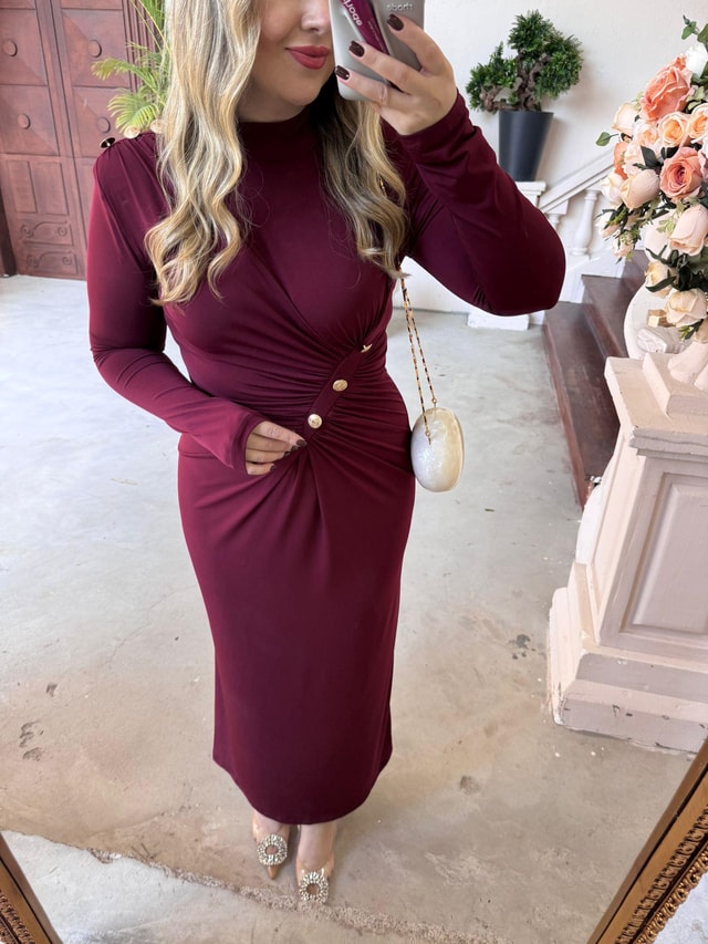 Belly Gold Düğme Detaylı Vatkalı Tasarım Elbise Bordo