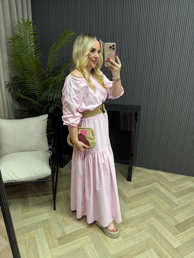 Berrak Beli Lastikli Pamuk Poplin Elbise Toz Pembe