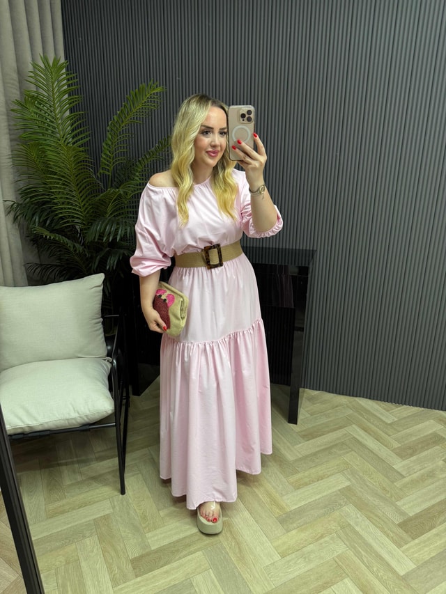 Berrak Beli Lastikli Pamuk Poplin Elbise Toz Pembe