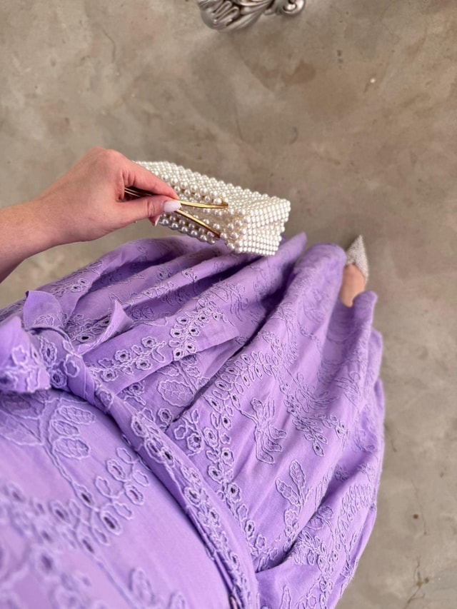Bianca Kol Lastıklı Tasarım Brode Lila Elbise