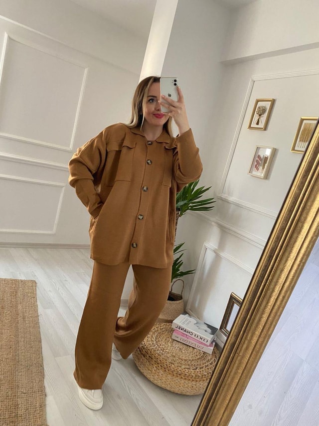 Camel Hırkalı Rahat Kalıp Triko Takım