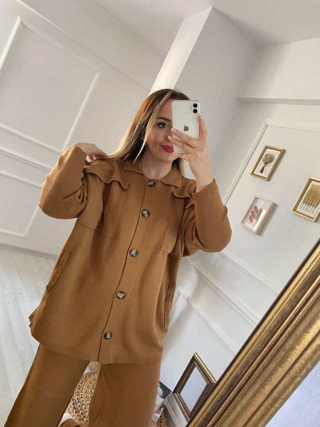 Camel Hırkalı Rahat Kalıp Triko Takım