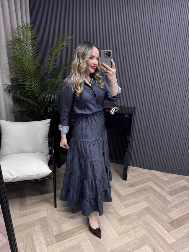 Carla Beli Lastikli Tasarım Denim Elbise