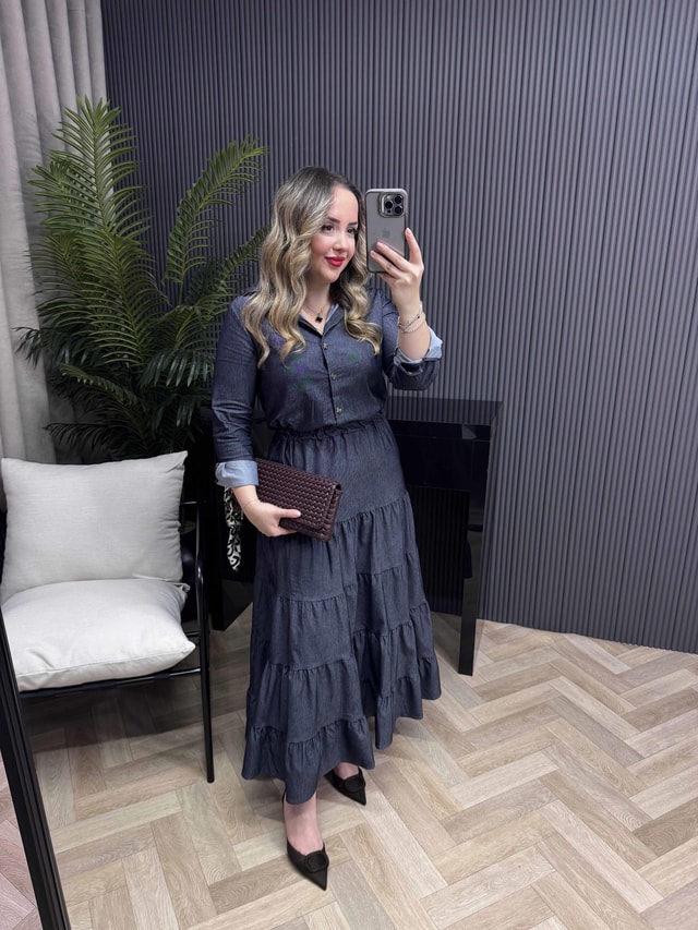 Carla Beli Lastikli Tasarım Denim Elbise