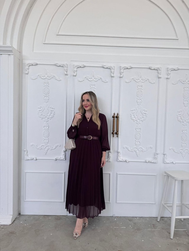Carmen Piliseli Kemerli Şifon Elbise Mürdüm