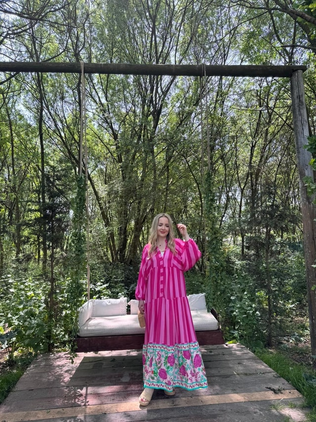 Çizgili Balon Kol Peri Elbise Pembe