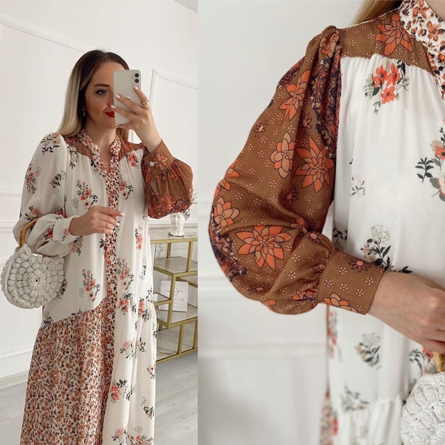 Desenli Düğmeli Gömlek Elbise /Kimono