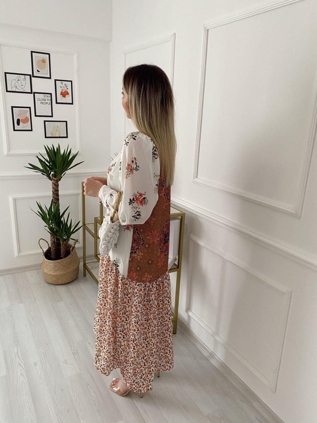 Desenli Düğmeli Gömlek Elbise /Kimono