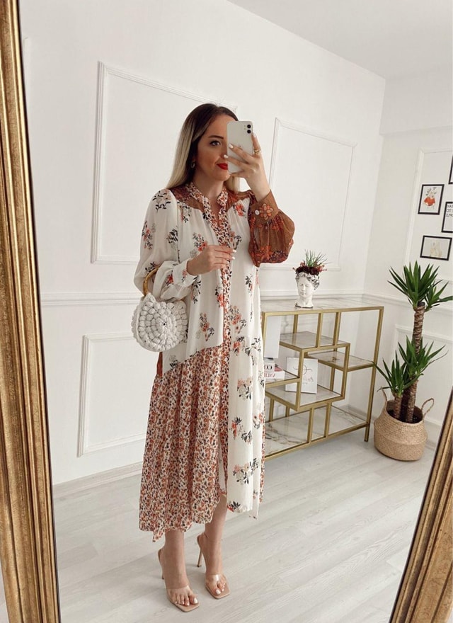 Desenli Düğmeli Gömlek Elbise /Kimono