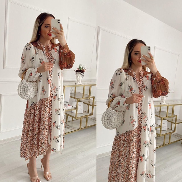 Desenli Düğmeli Gömlek Elbise /Kimono