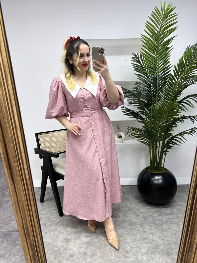 Diana Balon Kol Puantiye Tasarım Elbise Toz Pembe