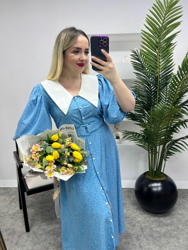 Diana Balon Kol Puantiye Tasarım Elbise Bebek Mavi