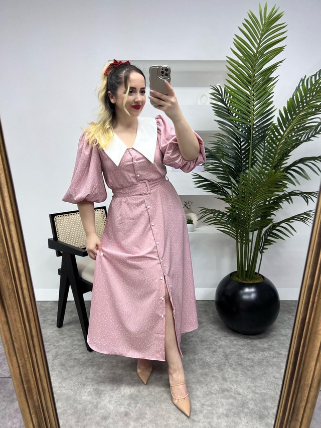 Diana Balon Kol Puantiye Tasarım Elbise Toz Pembe