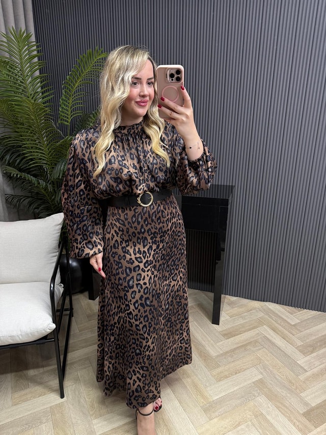 Dina Özel Tasarım Vatkalı Kemerli Kahverengi Leopar Elbise