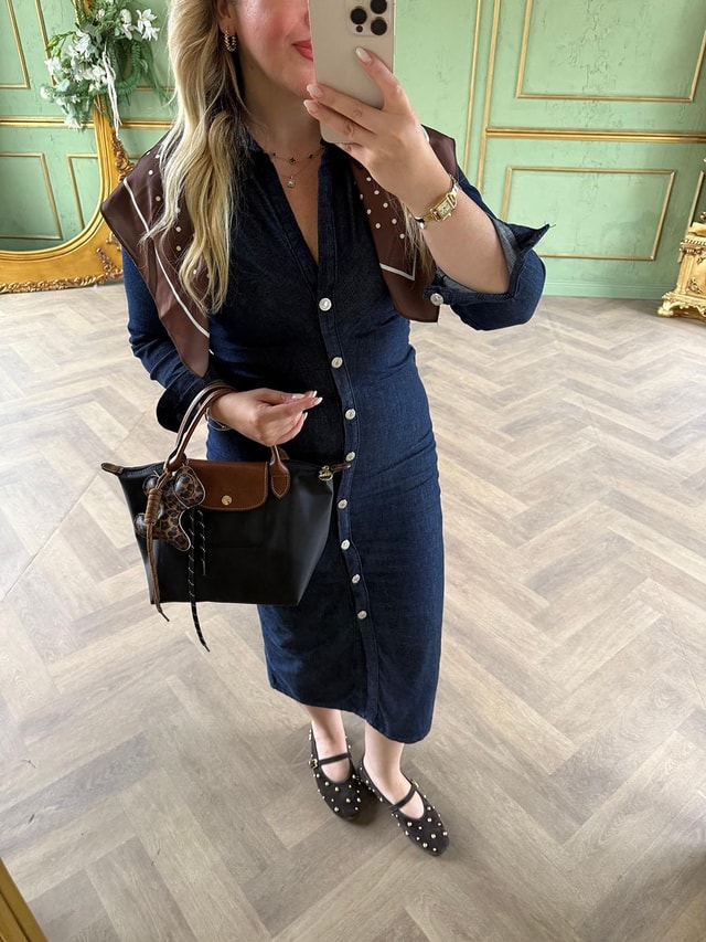 Drapeli Denim Elbise